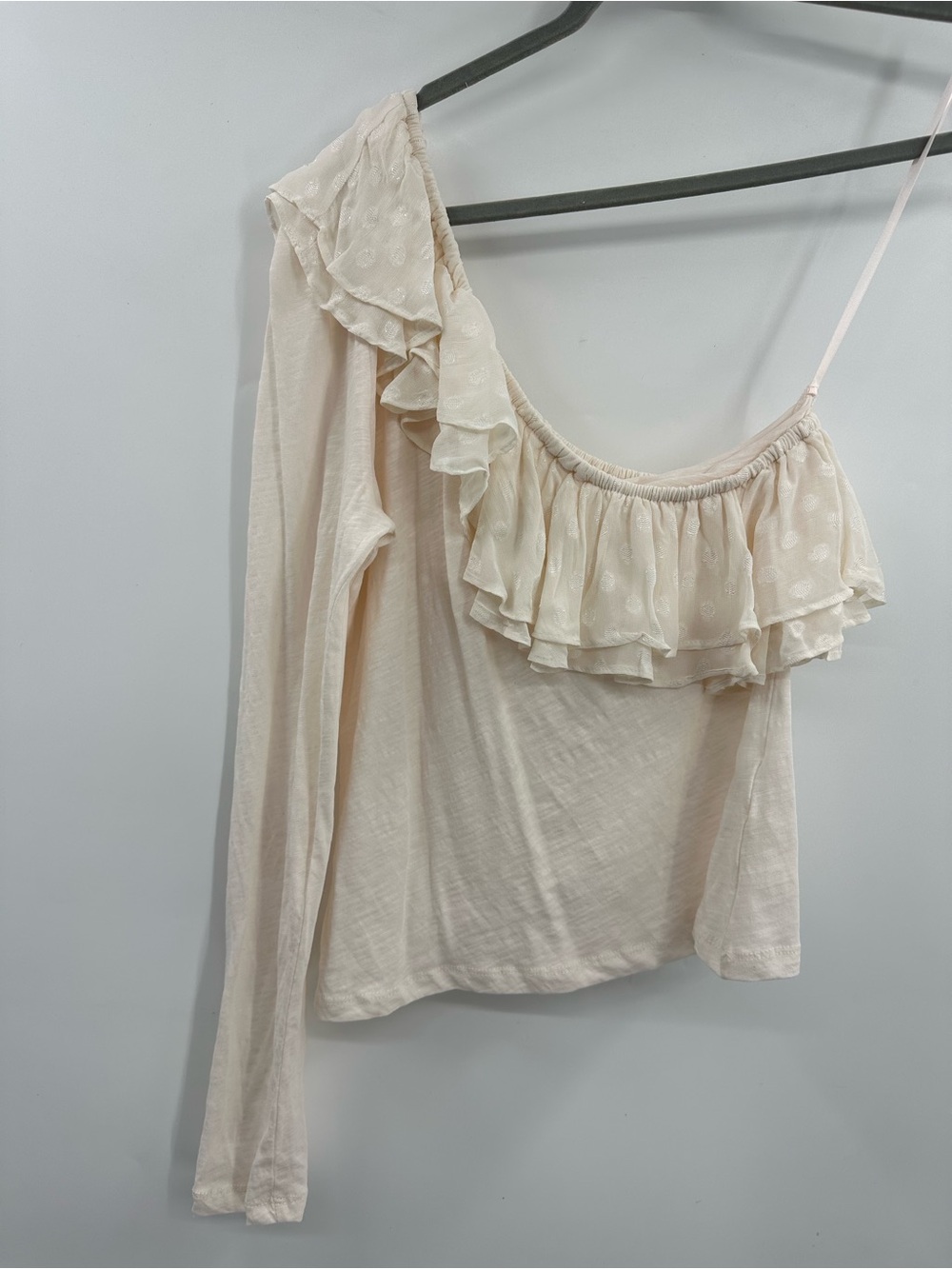 Anthropologie Cream One-Shoulder Ruffle Long Sleeve Top